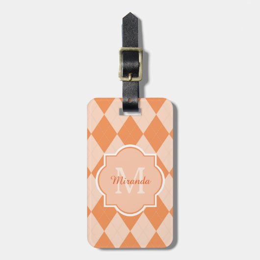 Preppy Oranje Argyle Girly Monogram en naam Bagagelabel (Voorkant verticaal)