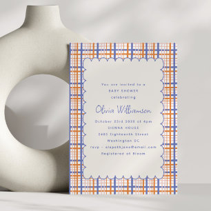 Preppy Oranje Blue Plaid Scallop Baby shower Kaart