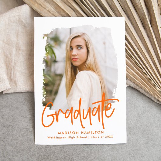 Preppy Oranje Script Foto Afstuderen Aankondiging
