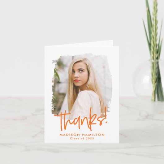 Preppy Oranje Script Photo Afstuderen Bedankkaart (Voorkant)