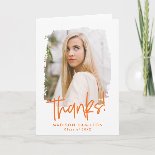 Preppy Oranje Script Photo Afstuderen Bedankkaart (Voorkant)