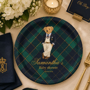 Preppy Oude Rijke Beer Baby Shower Papieren Bordje