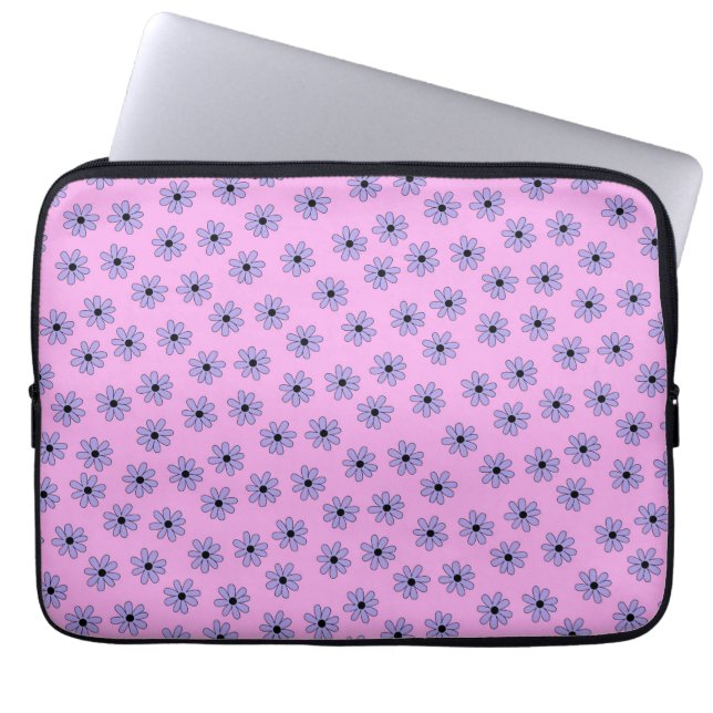 Preppy Paars Blue Hippie Flower Pattern Laptop Sleeve (Voorkant)