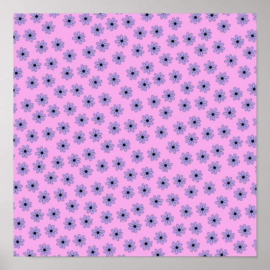 Preppy Paars Blue Hippie Flower Pattern Poster (Voorkant)