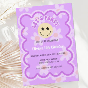Preppy Paarse Daisy Y2K Happy Face Party Verjaarda Kaart