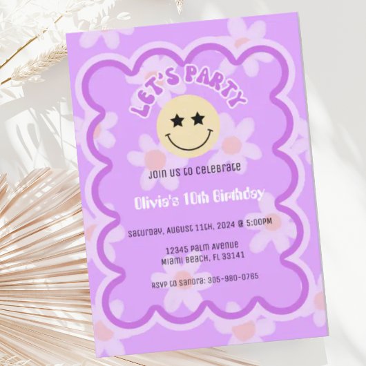 Preppy Paarse Daisy Y2K Happy Face Party Verjaarda Kaart