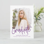 Preppy Paarse Script Foto Graduation Party Kaart (Staand voorkant)