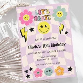 Preppy Paarse Y2K Happy Face Party Verjaardag Kaart