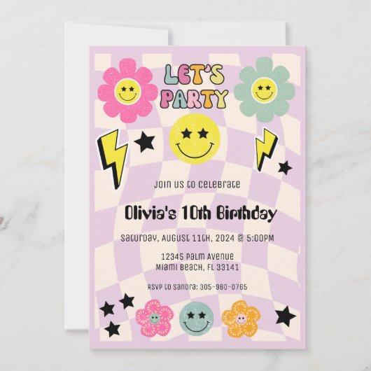 Preppy Paarse Y2K Happy Face Party Verjaardag Kaart (Voorkant)