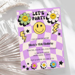 Preppy Paarse Y2K Retro Happy Face Party Verjaarda Kaart<br><div class="desc">Trendy paarse preppy Y2K verjaardagsuitnodiging voor meisjes preppy themafeesten.</div>