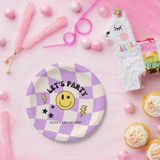 Preppy Paarse Y2K Retro Verjaardagspapier Bord (Feest)
