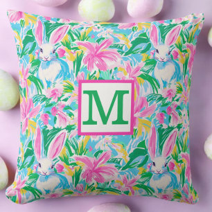 Preppy Paashaas Bloemen Monogram Kussen