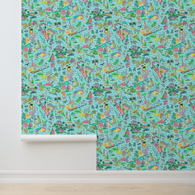 Preppy Palm Beach Aqua Bermuda Print Behang (Applicatie)