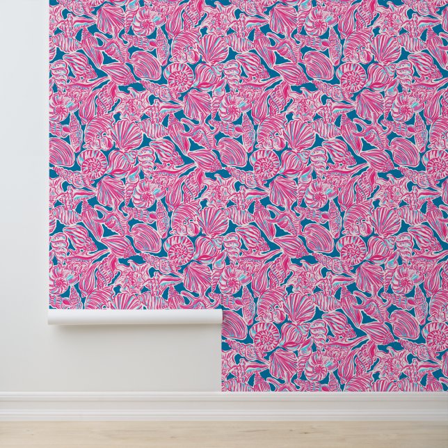 Preppy Palm Beach Blauw & Roze Zeeschelpen Behang (Applicatie)