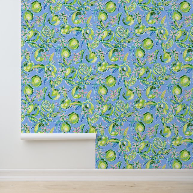 Preppy Palm Beach Blauwe en Groene Limes Behang (Applicatie)