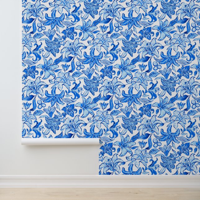 Preppy Palm Beach Blauwe en witte bloemen Behang (Applicatie)