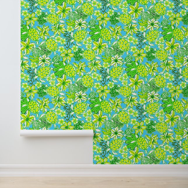 Preppy Palm Beach Blauwe & Groene Schildpadden Behang (Applicatie)