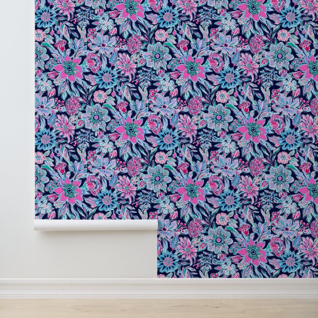 Preppy Palm Beach Blauwe & Roze Bloemen Behang (Applicatie)