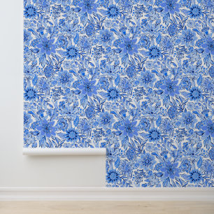 Preppy Palm Beach Blauwe & Witte Bloemen Behang