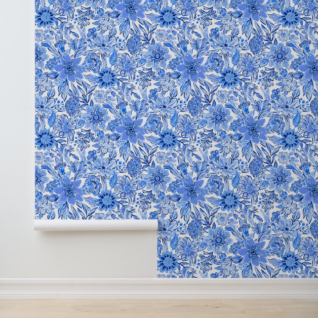 Preppy Palm Beach Blauwe & Witte Bloemen Behang (Applicatie)