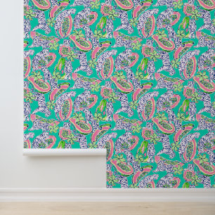 Preppy Palm Beach Blauwgroen tijgers & papaja's Behang