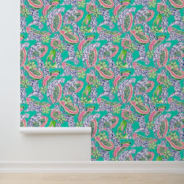 Preppy Palm Beach Blauwgroen tijgers & papaja's Behang (Applicatie)