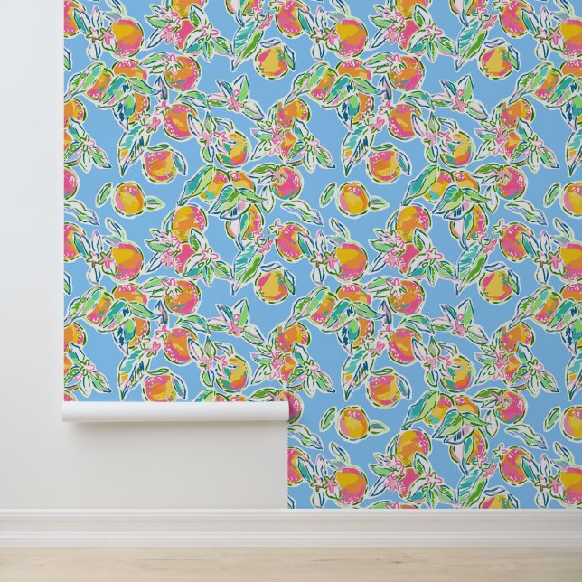 Preppy Palm Beach Blue met Sinaasappels Behang (Applicatie)