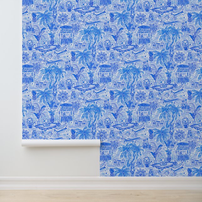 Preppy Palm Beach Blue & White Dierenvakantie Behang (Applicatie)