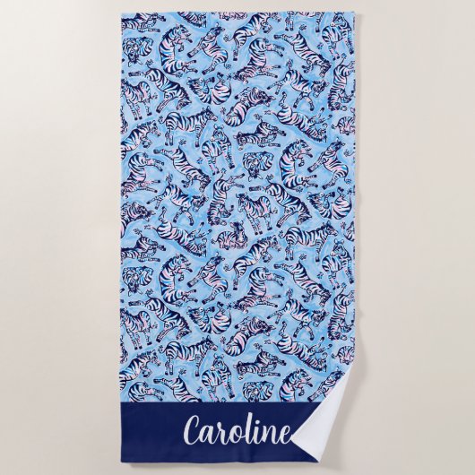 Preppy Palm Beach Blue Zebra's gepersonaliseerd Strandlaken (Voorkant)