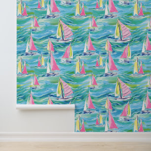 Preppy Palm Beach Kleurrijke Waterverf Zeilboten Behang