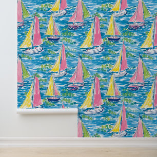 Preppy Palm Beach Kleurrijke Waterverf Zeilboten Behang