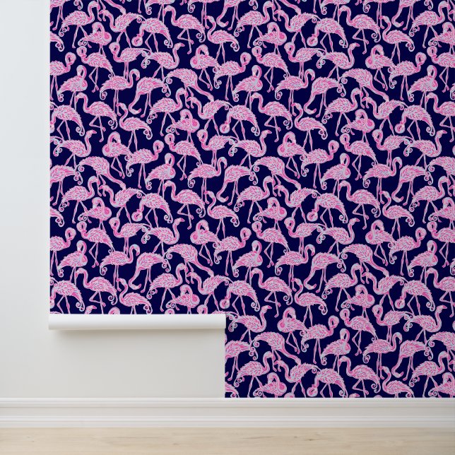 Preppy Palm Beach Marine & Roze Flamingo's Behang (Applicatie)