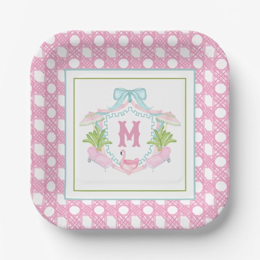 Preppy Palm Beach Monogram Wapenschild Papieren Bordje (Voorkant)