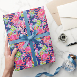 Preppy Palm Beach Oceaan Bloemenkrabben Patroon Cadeaupapier