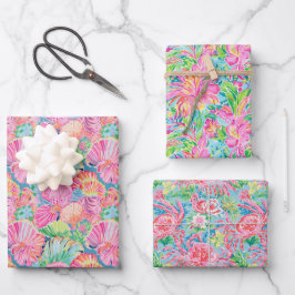 Preppy Palm Beach Ocean Shell krab bloemen patroon Inpakpapier Vel