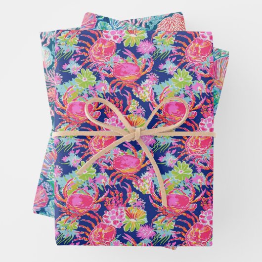 Preppy Palm Beach Ocean Shell krab bloemen patroon Inpakpapier Vel (In situ)