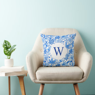 Preppy Palm Beach Print Blauwe bloemen Monogram Kussen