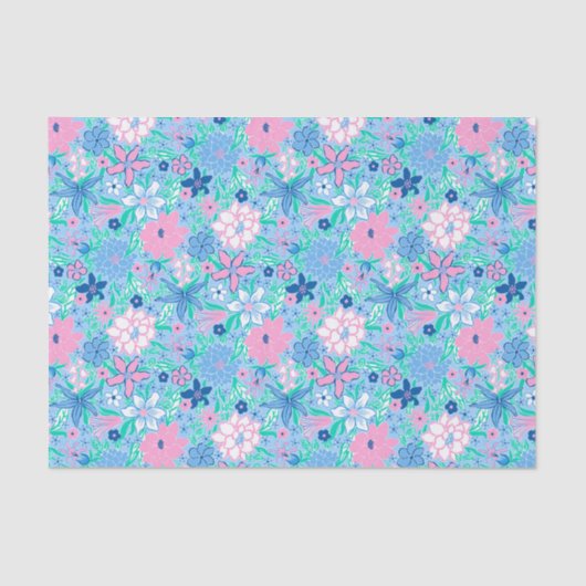 Preppy Palm Beach Print Blauwe en roze bloemen Tissuepapier (Voorkant)