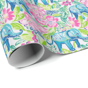 Preppy Palm Beach Print Blauwe en roze olifanten Cadeaupapier