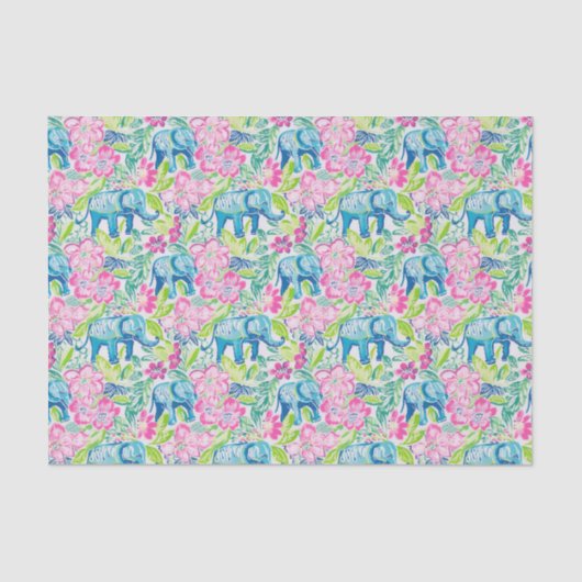 Preppy Palm Beach Print Blauwe en roze olifanten Tissuepapier (Voorkant)