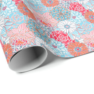 Preppy Palm Beach Print Blauwgroen en rode bloemen Cadeaupapier