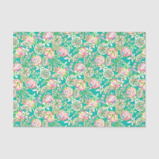 Preppy Palm Beach Print Blauwgroen en roze Sinaasa Tissuepapier (Voorkant)