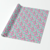 Preppy Palm Beach Print Blauwgroen met roze bloeme Cadeaupapier (Uitgerold)