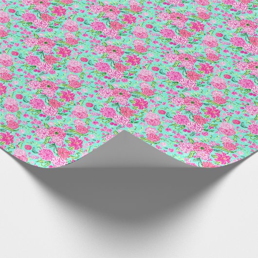 Preppy Palm Beach Print Blauwgroen met roze bloeme Cadeaupapier (Hoek)
