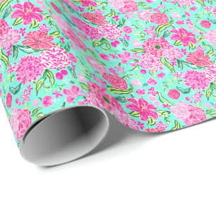 Preppy Palm Beach Print Blauwgroen met roze bloeme Cadeaupapier