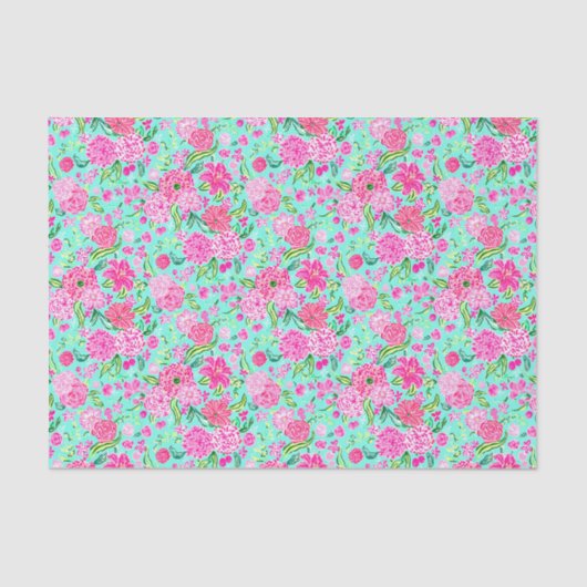 Preppy Palm Beach Print Blauwgroen met roze bloeme Tissuepapier (Voorkant)