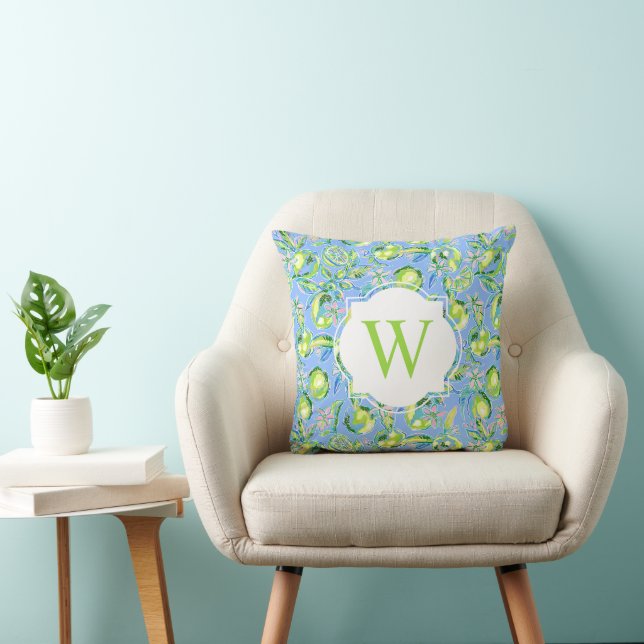 Preppy Palm Beach Print Blue Limes Monogram Kussen (Stoel)