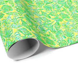 Preppy Palm Beach Print Geel & Groene zeeschelpen Cadeaupapier