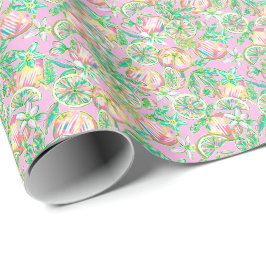 Preppy Palm Beach Print Groene en Roze Sinaasappel Cadeaupapier