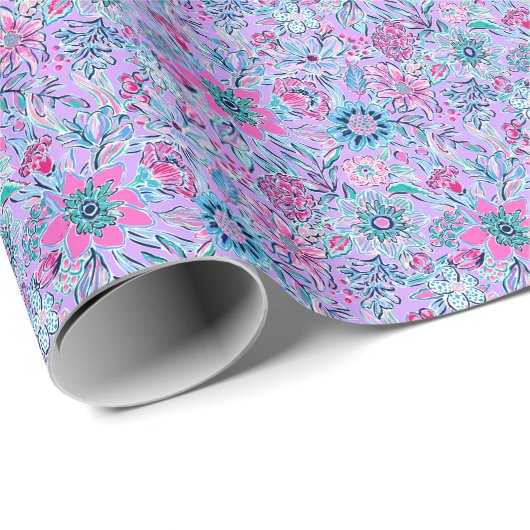 Preppy Palm Beach Print Lavendel en roze bloemen Cadeaupapier (Rol Hoek)